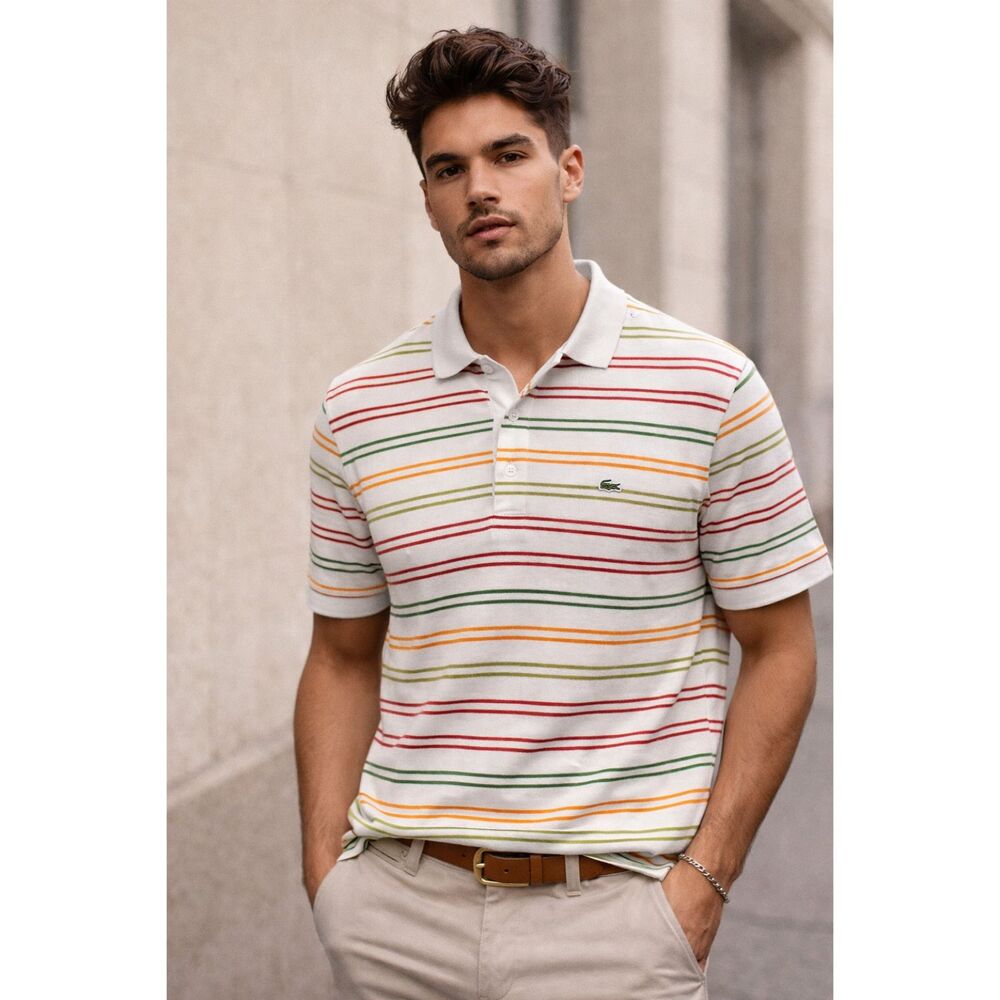 Lacoste Pique Cotton Polo Shirt Men's Size 10 Stripped White Multicolor
